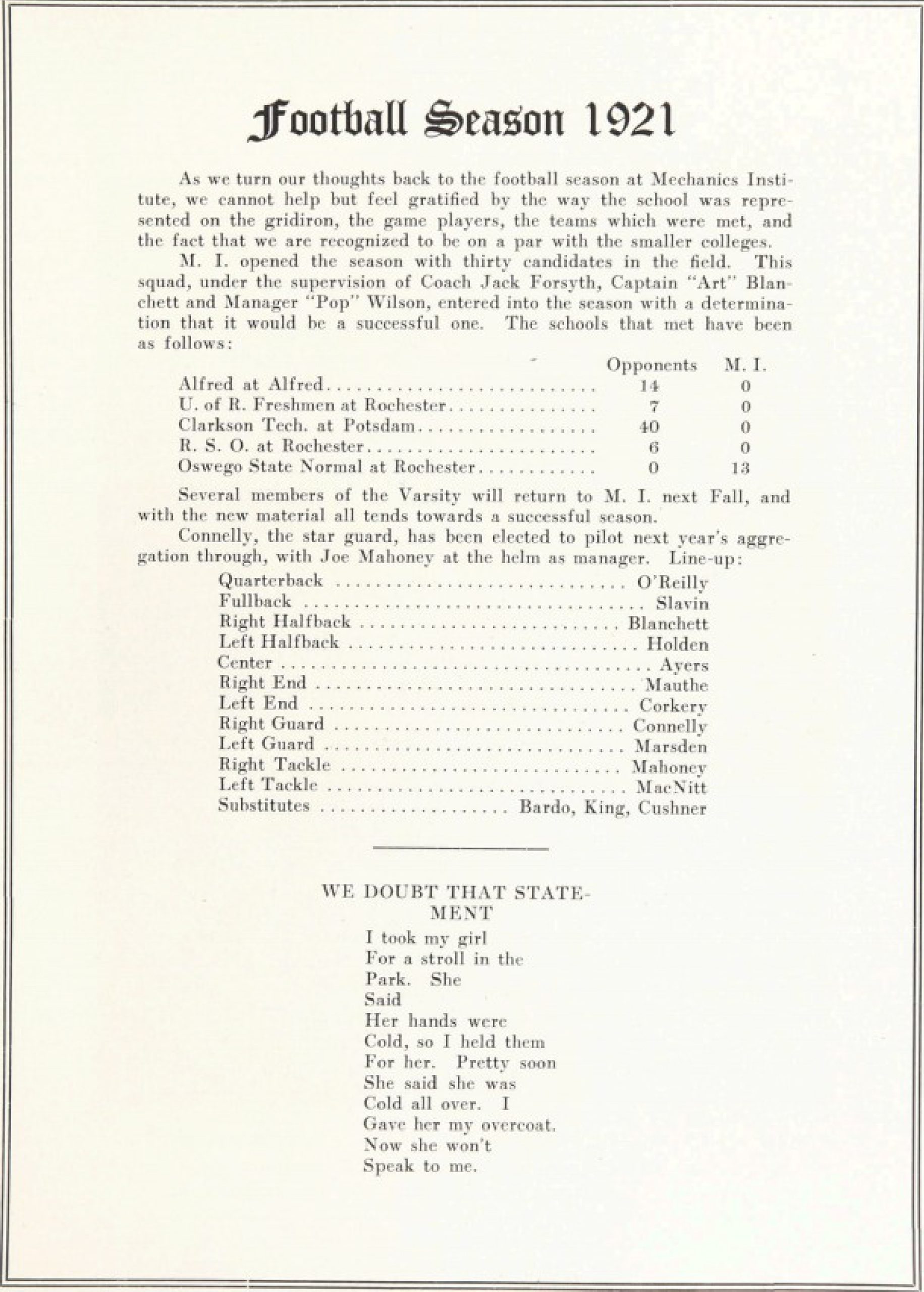 1921 Football Season Schedule